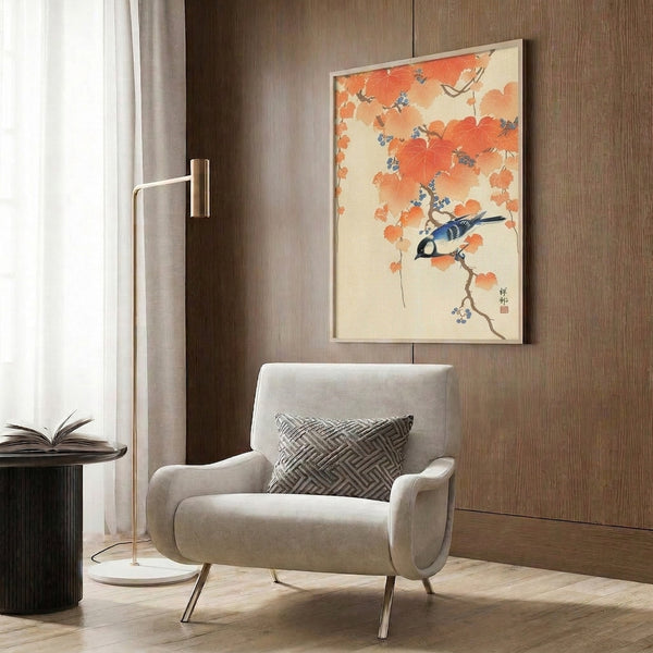 Japandi-style wall poster showcasing a calm jay bird composition with autumn foliage in earthy warm and cool tones, rendered with traditional woodblock print characteristics.