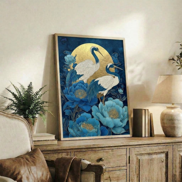 Contemplative wall art showing cranes in a moonlit garden with peonies, created in traditional woodblock technique using pale blue, deep blue, and golden accents.