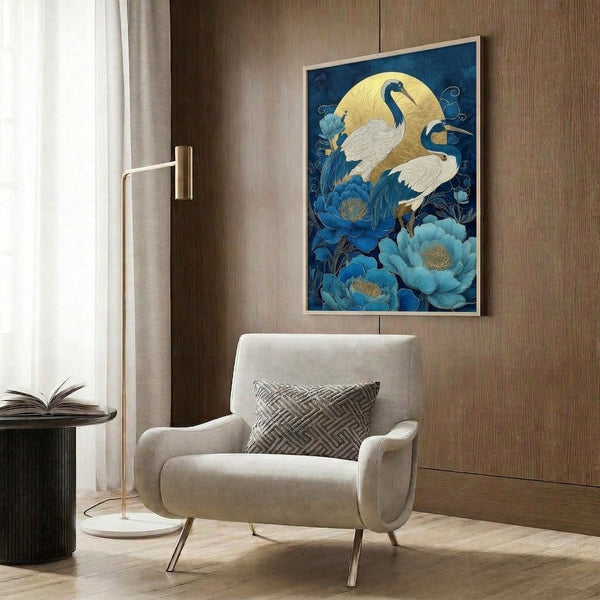 Elegant framed print depicting two cranes amid lotus flowers and clouds with a glowing gold moon, combining Japanese artistic traditions with modern Japandi design sensibilities.