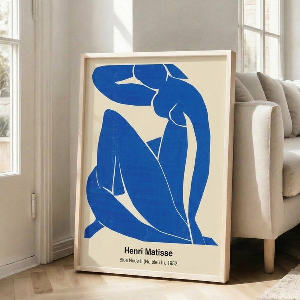 Modern art print with an elegant blue outline figure against soft neutral tones, exemplifying abstract expressionist drawing techniques.