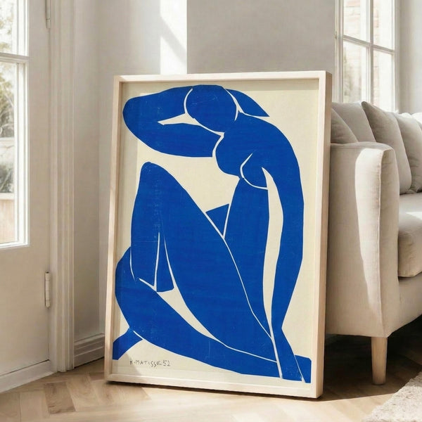 Blue Nude II by Henri Matisse, abstract poster displaying a reclining nude rendered in striking cobalt and azure with fluid modernist lines.