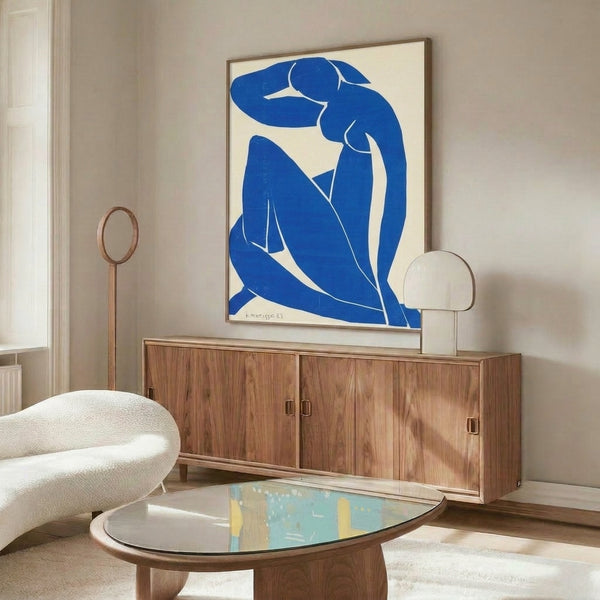 Blue Nude II Matisse poster, modernist take on the human form rendered in bold cobalt tones with simplified elegant lines, sophisticated wall hanging.