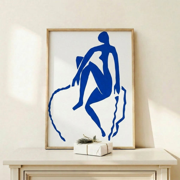 Vibrant poster showcasing an abstract figure in brilliant blue, composed of flowing curved shapes that convey vitality and rhythm typical of mid-century avant-garde design.