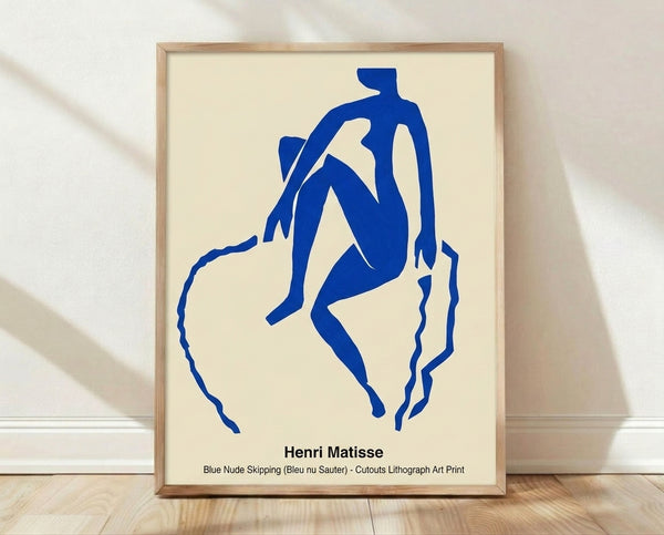 Abstract blue cutout figure in dynamic skipping pose with warm accent details on white background, modern minimalist wall art print.