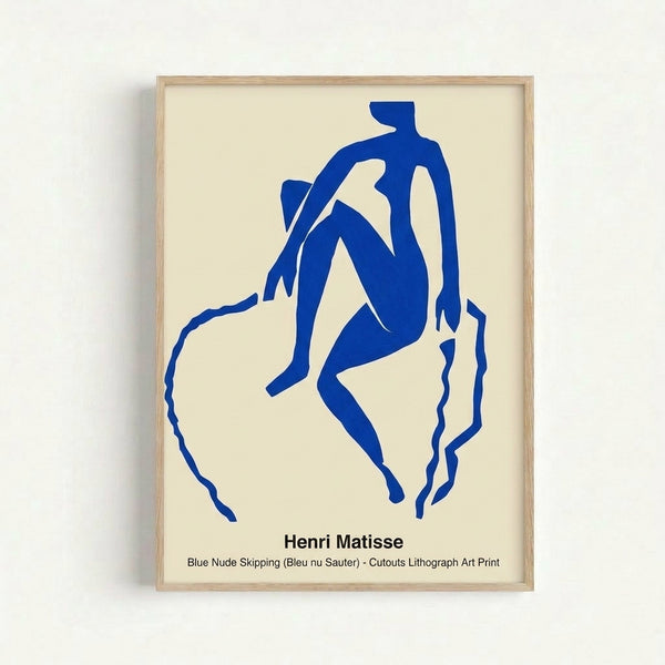 Joyful abstract nude form in vibrant blue with simplified curves and warm highlights, elegant modernist poster displayed on wall.