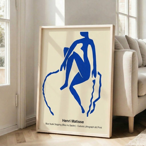 Dynamic figure rendered in blue geometric forms with warm touches and white negative space, cheerful modern abstract wall art.