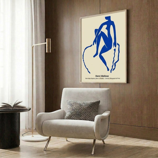 Elegant abstract nude in flowing blue tones with warm accent details, minimalist cutout design capturing movement and joy.