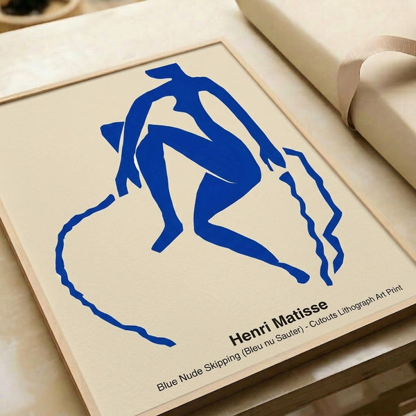 Vibrant blue simplified figure in skipping motion with warm highlights and white background, joyful modern art print with timeless appeal.