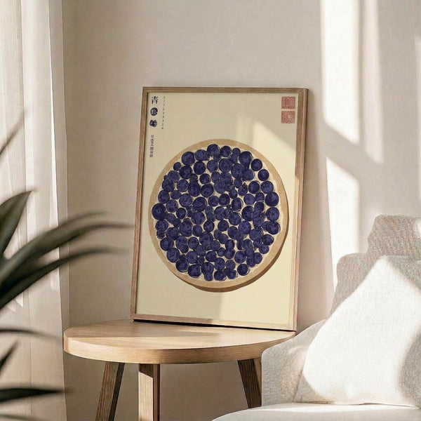 Serene Asian-inspired botanical artwork showing fresh blueberries in naturalistic style with cream, tan, and navy blue colors, presented as a framed wall print with authentic scholarly elements.