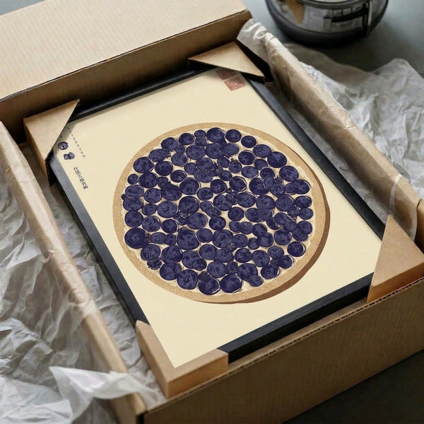 Framed botanical scroll artwork in Japanese woodblock tradition, featuring blueberries rendered in cream, navy, and tan hues with naturalistic detail and vintage cultural authenticity.