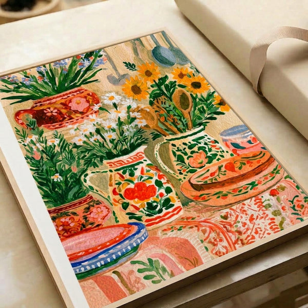 Cozy cottagecore watercolor poster depicting a domestic scene of flowers, ceramic vessels, and succulents in cream, coral pink, and terracotta tones, framed as boho home decor.