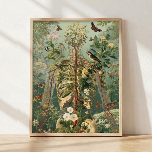 Vintage anatomical poster featuring a skeleton bird with exposed ribcage intertwined with flowering plants, butterflies, and delicate roots in sage green, cream, and terracotta tones.