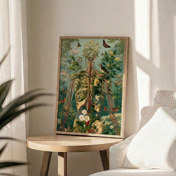 Dark academia wall art print showing a skeletal bird adorned with botanical elements including blossoms and insects in muted earthy colors against a cream background.