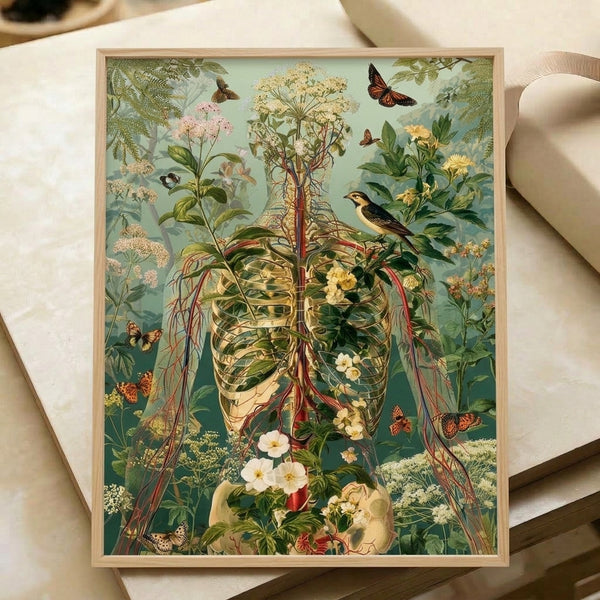 Whimsical cottagecore framed print combining anatomical bird skeleton imagery with lush florals, roots, and butterflies in vintage palette of sage, chocolate brown, and pale yellow.