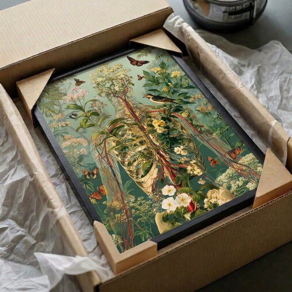 Darkly elegant skeleton bird botanical illustration with intricate flowers, butterfly details, and root systems rendered in soft vintage colors on cream paper.