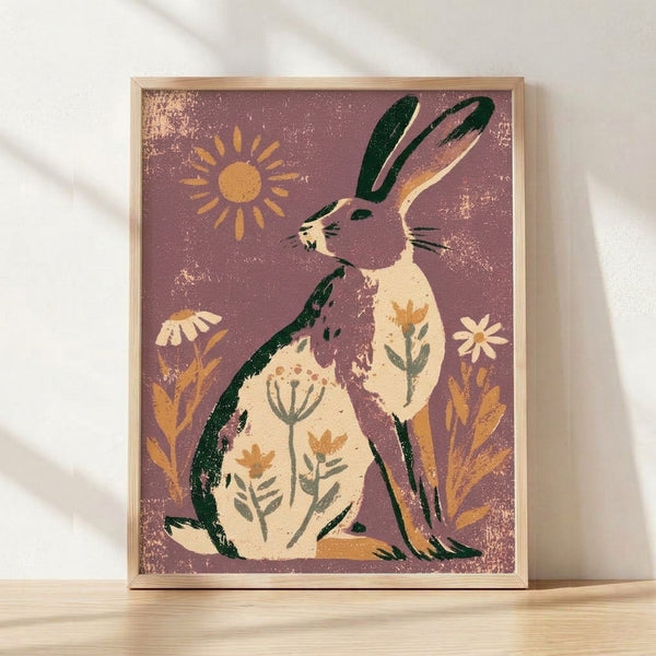 Boho folk art print featuring a rabbit amid wildflowers and plants under a golden sun, rendered in dusty mauve, cream, and forest green tones on a framed poster.