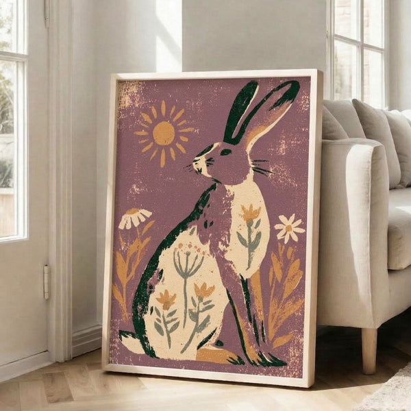 Whimsical cottagecore poster art showing a hare surrounded by botanical elements and a radiant sun in earthy ochre and sage green palette, framed wall decor.