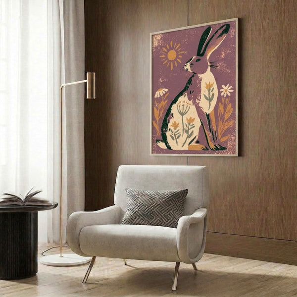 Folk-inspired nature print with a peaceful rabbit composition amid flowers and foliage in soft mauve and golden tones, modern boho wall art.