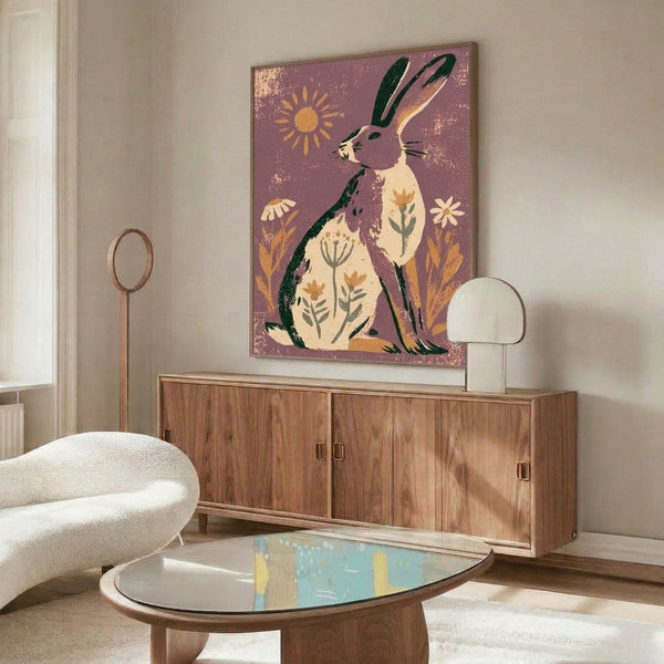 Pastoral boho artwork depicting a rabbit in a sun-filled meadow of plants and blooms, rendered in muted earth tones, framed as a botanical wall poster.