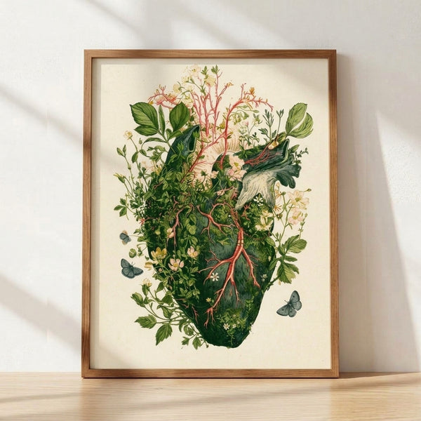 Vintage watercolor poster featuring an anatomical heart surrounded by blooming flowers, delicate vines, and butterflies in soft coral, forest green, and cream tones; romantic botanical wall art in cottagecore style.