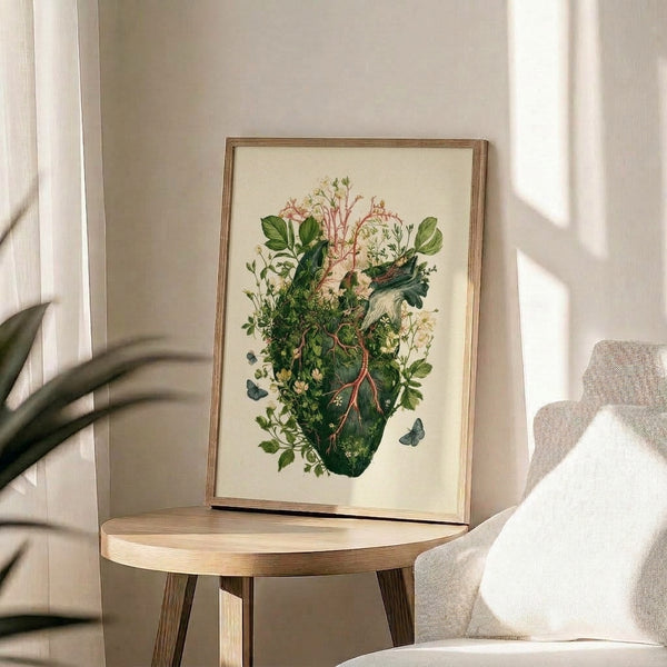 Watercolor art print depicting a detailed anatomical heart intertwined with garden flowers, botanical elements, and butterflies in romantic vintage aesthetic featuring coral red, soft yellow, and forest green hues.