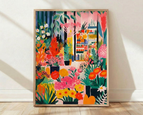 Mid-century modern botanical poster featuring a woman among potted plants and flowers on shelves, rendered in vibrant coral pink, emerald green, and golden yellow tones with a Bauhaus aesthetic.