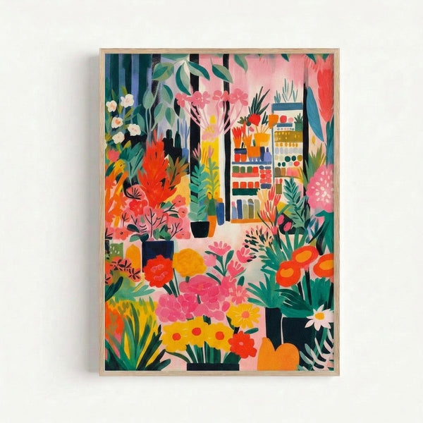 Framed Bauhaus-style art print depicting an indoor garden scene with blooming flowers, leafy plants in pots, and a figure in a warm, joyful color palette of coral, cream, and emerald.
