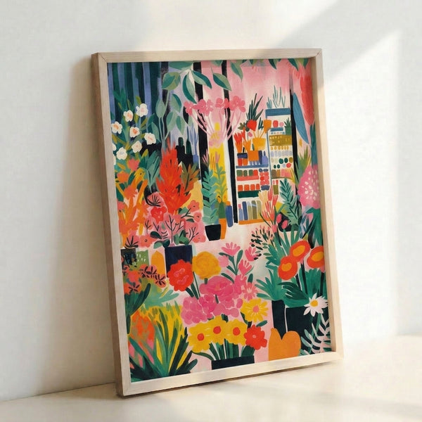 Modern botanical wall art showing a woman surrounded by vibrant potted plants and shelving with flowers in mid-century style, dominated by coral pink, orange-red, and rich green hues.