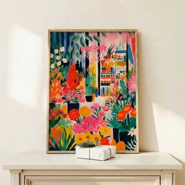 Contemporary botanical interior poster in Bauhaus design featuring flowering plants, leafy arrangements, and a figure in a sanctuary-like setting with golden yellow, emerald, and coral accents.