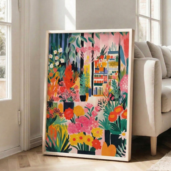 Mid-century modern art print of a flower shop or plant-filled interior with a woman, potted blooms, and decorative shelves in vibrant emerald green, coral pink, and warm cream tones.