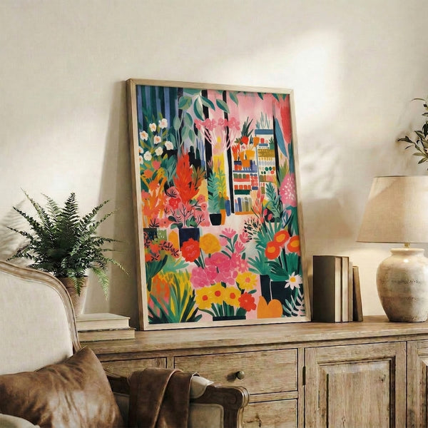 Bauhaus-inspired botanical poster with a joyful composition of flowering plants, green foliage, and a figure among potted arrangements in bold mid-century colors of coral, gold, and emerald.
