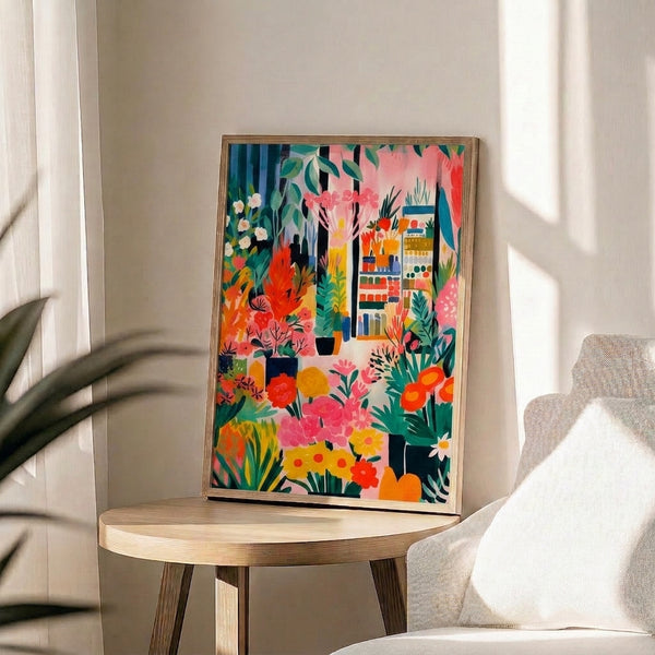 Modern botanical sanctuary art depicting a woman with flowering plants and potted greenery on shelves, rendered in warm coral pink, golden yellow, orange-red, and deep emerald green.