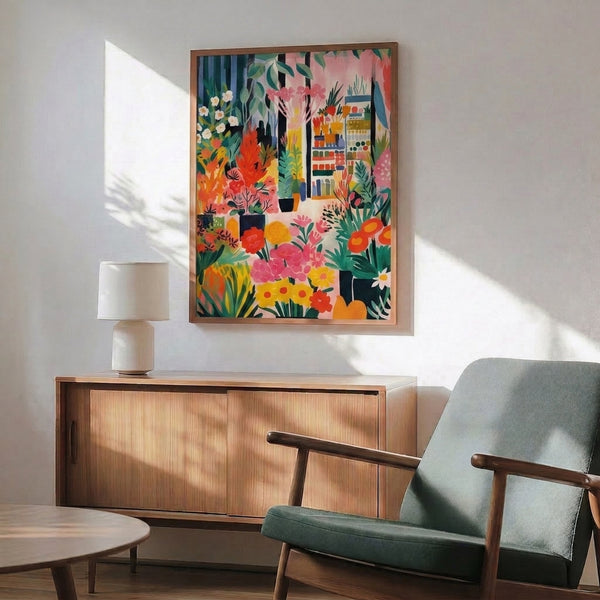 Contemporary botanical wall art in mid-century modern style showing a figure surrounded by blooming flowers and potted plants on shelves in rich coral, golden yellow, and emerald tones.