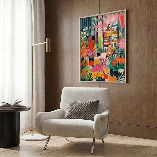 Bauhaus botanical poster depicting a joyful flower shop or plant sanctuary interior with vibrant potted arrangements, foliage, and a woman in coral pink, orange-red, and green hues.
