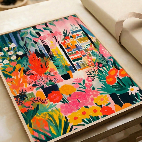 Mid-century modern botanical framed poster with an indoor garden composition of blooming flowers, potted plants, and a figure in vibrant warm and cool tones of coral, green, and gold.