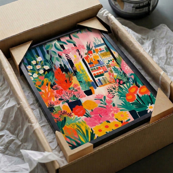 Bauhaus-style botanical wall art depicting a sanctuary of potted flowers and green foliage with a woman, rendered in joyful mid-century modern colors of coral pink, emerald, and warm cream.