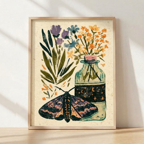 Framed botanical poster featuring a delicate moth perched on a glass jar filled with wildflowers in cream, olive green, and purple tones, rendered in a whimsical cottagecore style.