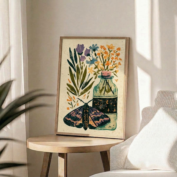 Japandi-inspired art print displaying a serene arrangement of wildflowers and foliage in muted earth tones with a graceful moth, creating a peaceful naturalistic mood.
