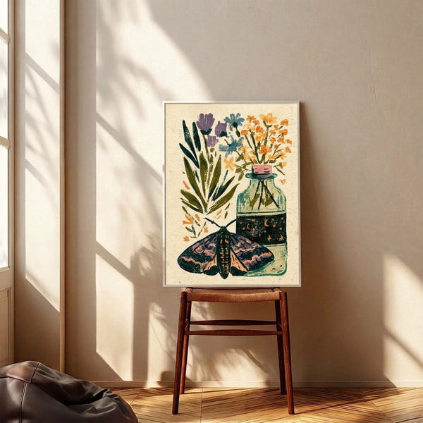 Boho wall art print showcasing an ethereal composition of blooming wildflowers in orange and teal hues with a moth resting on a bottle, accented by soft green leaves.