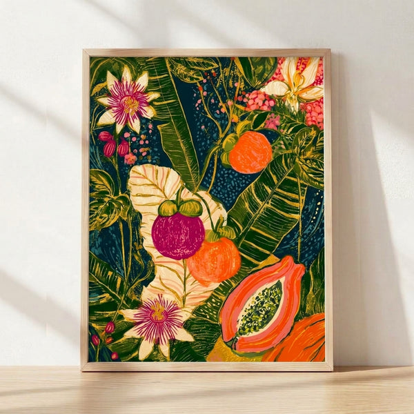 Framed boho botanical poster featuring vibrant passion fruit, berries, and blooming flowers in coral orange, magenta, and deep green against a navy blue background with gold accents.