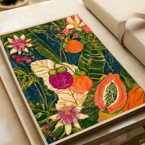 Eclectic boho botanical poster blending naturalistic fruit, floral clusters, and organic foliage in vibrant magenta, deep green, coral, and cream with gold embellishments on a dark blue ground.