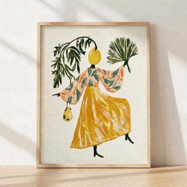 Watercolor painting of a whimsical woman with a lemon head wearing a flowing kimono adorned with botanical motifs, framed poster in bohemian style with warm yellow, green, and cream tones.