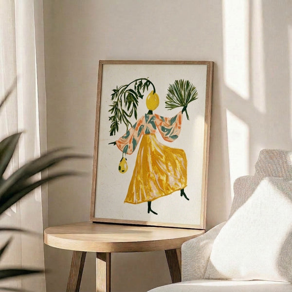 Nature-inspired watercolor poster of a woman with a lemon head in a decorative kimono dress surrounded by botanical elements, rendered in soft yellows, greens, and cream hues.