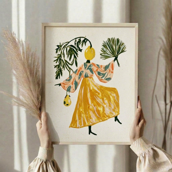 Whimsical bohemian watercolor artwork showing a figure with a lemon head wearing an elaborate flower-patterned kimono, framed print with vibrant yellow, orange, and teal accents.