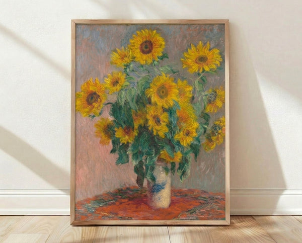 Impressionist painting of a vibrant bouquet of sunflowers in warm yellows and golds, displayed as a framed poster on a wall.