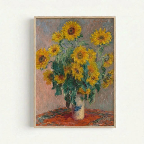 Framed art print featuring lush sunflowers in soft, luminous tones characteristic of impressionist style.