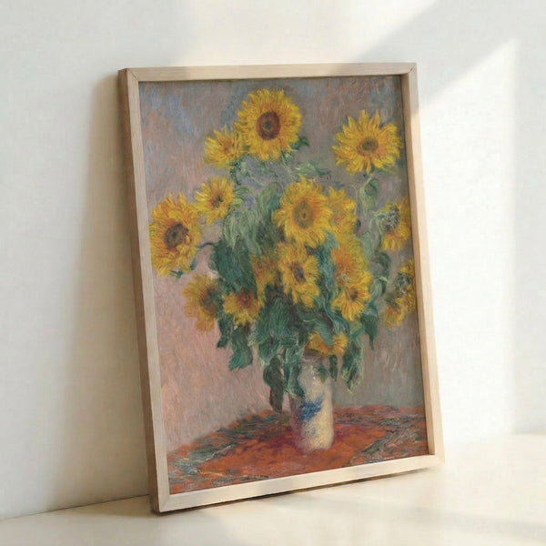 Golden sunflowers arranged in a vase, rendered in classic impressionist technique with rich warm colors and soft brushwork.