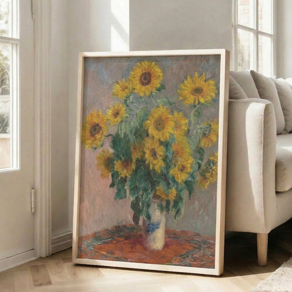 Wall-mounted poster of cheerful sunflowers in muted yellows and greens, painted in the impressionist tradition.