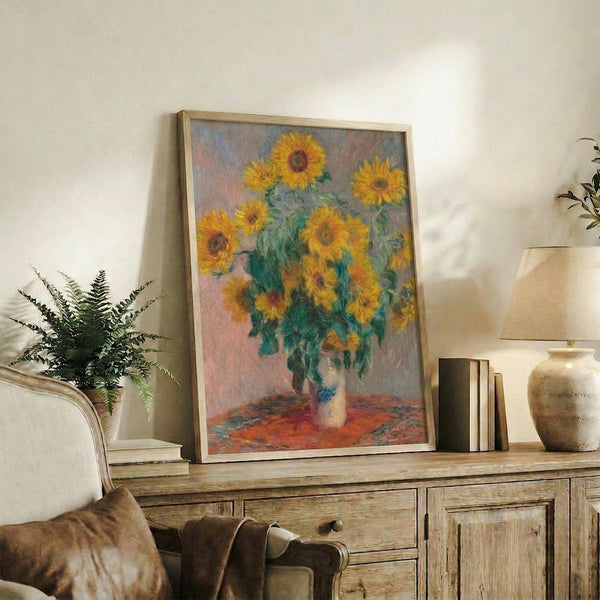Framed poster showcasing a radiant sunflower bouquet with impressionist color blending and atmospheric brushstrokes.