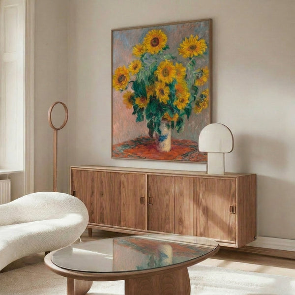Classic impressionist floral artwork featuring sunflowers in warm ochre and golden tones, presented as a framed wall print.
